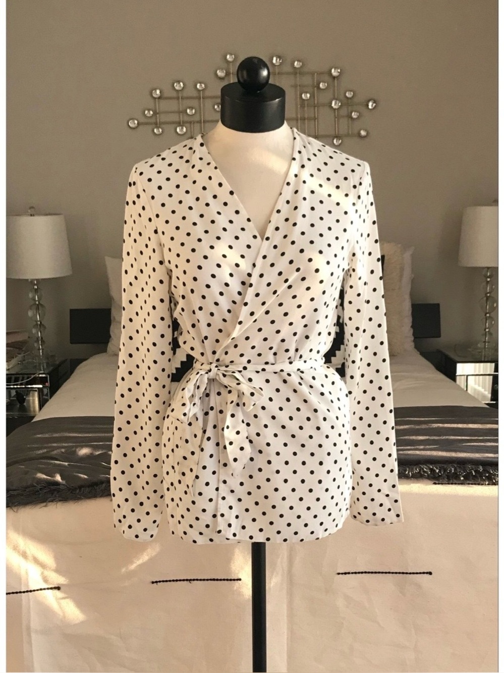ASOS Women's Blouse Size 6 Black White Polka Dot Belted Wrap Front Long Sleeve